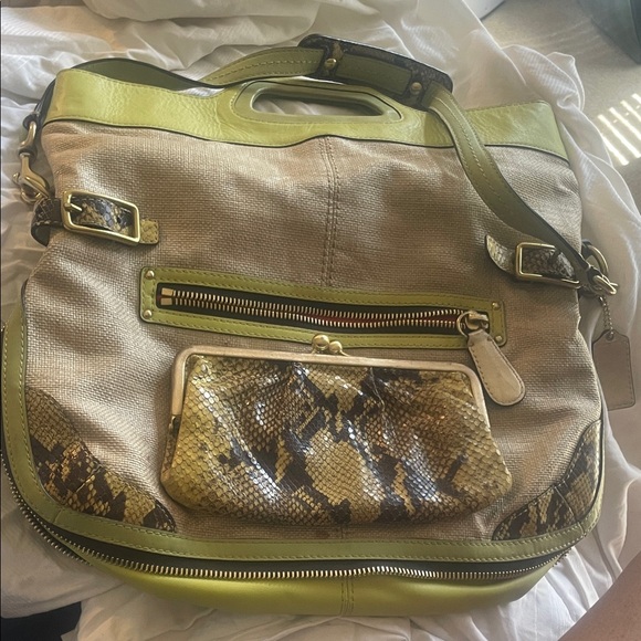 Coach Handbags - Coach Green and Tan Shoulder Bag with Snakeskin Accent